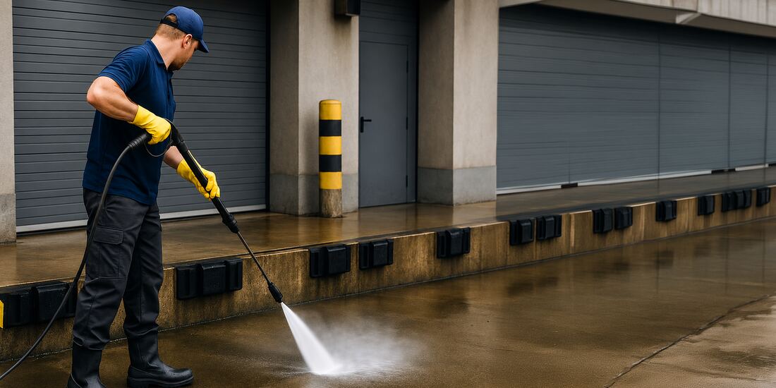 Technician using a high-pressure water jet to clean an industrial facility floor