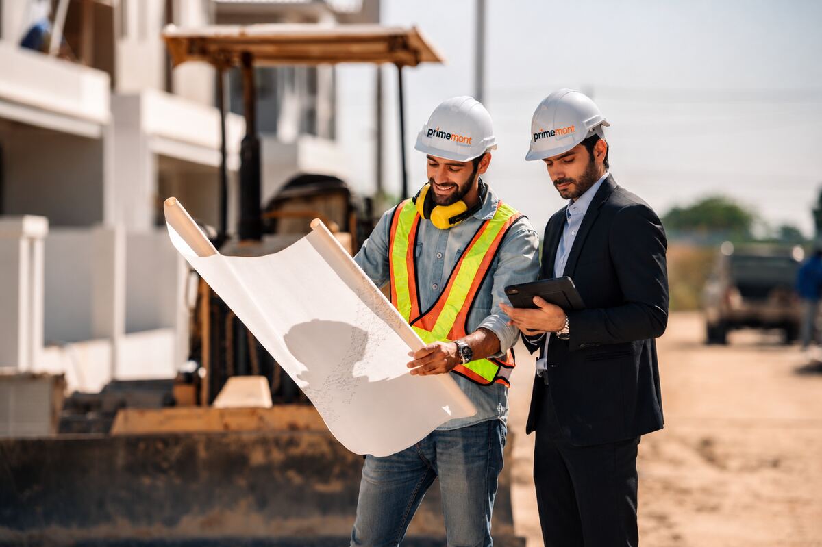 Site engineer and project manager in hard hats reviewing drawings on a construction site