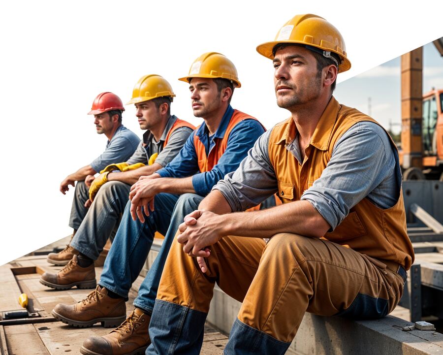 Group of site workers in hard hats and high-visibility workwear taking a break